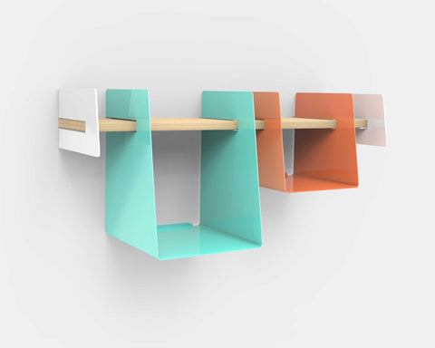 Wall-mounted shelf with turquoise and salmon storage bin