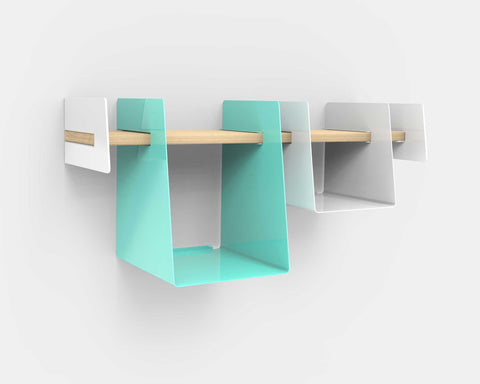 Wall-mounted shelf with turquoise storage bin