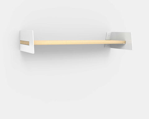 Wall-mounted wooden shelf with metal brackets