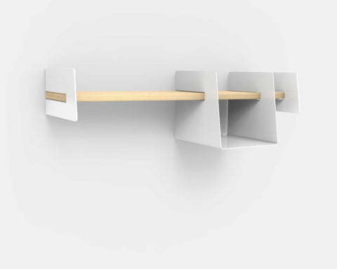 Wall-mounted shelf with white storage bin