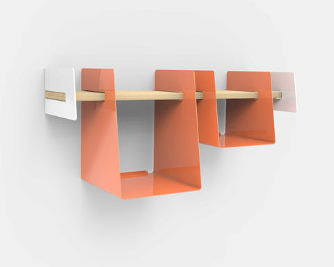 Wall-mounted shelf with salmon cubbies