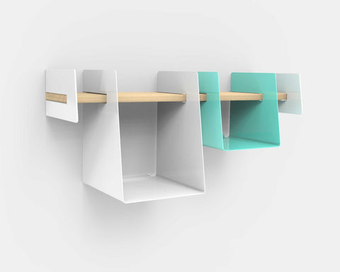 Wall-mounted shelf with white and aqua cubbies