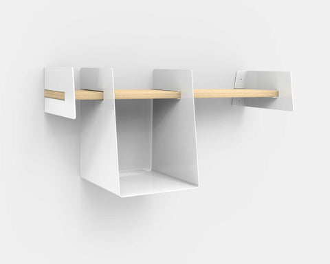 White wall-mounted shelf with a wooden shelf on a white background