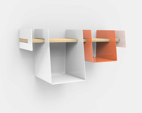 Wall-mounted shelf with white and salmon cubbies