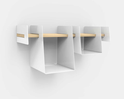 Modern wall-mounted shelf with a wooden shelf on a white background