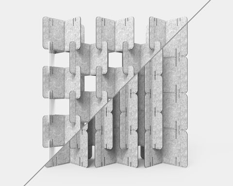 Nomad System Felt PRO Acoustic Room Divider showing both open and closed assembly configurations side by side