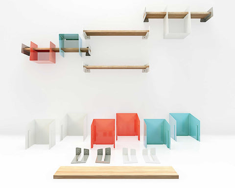 Colorful wall-mounted shelves and brackets on a white background
