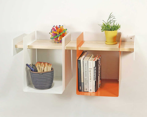 Small wall-mounted shelf with books, a plant, and other items against a white background