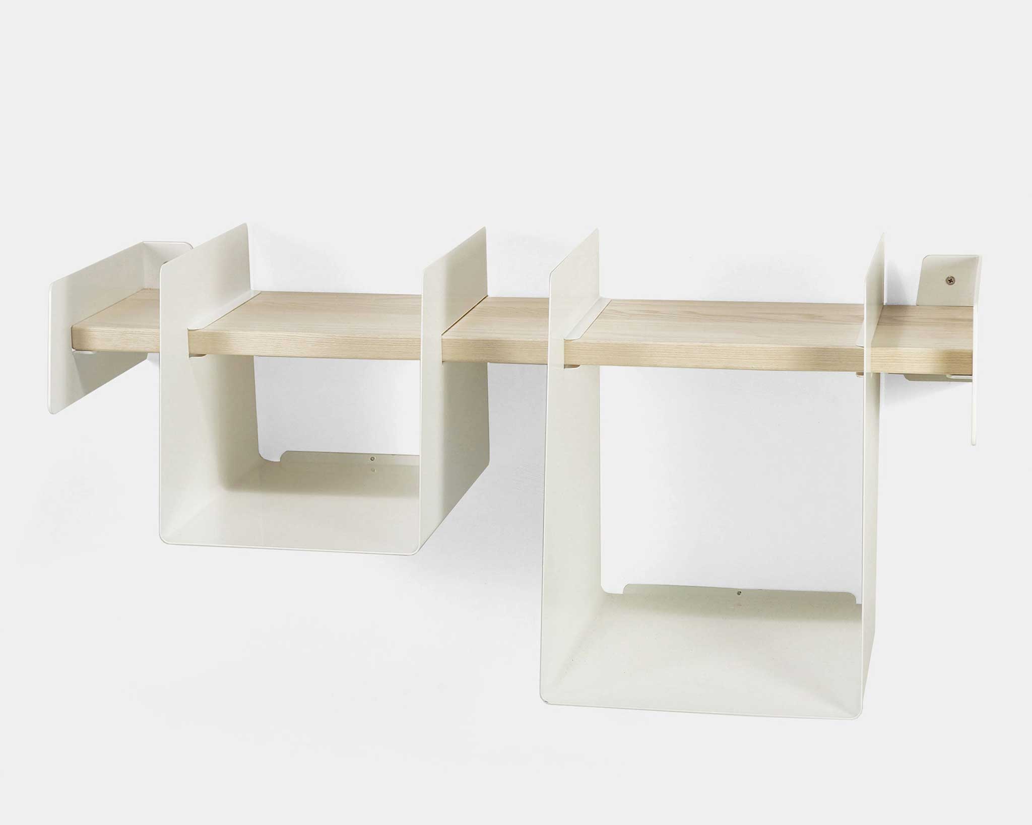 Wall-mounted wooden shelf with metal bins