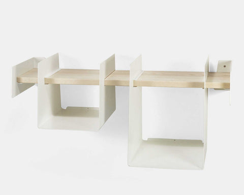 Wall-mounted wooden shelf with metal bins