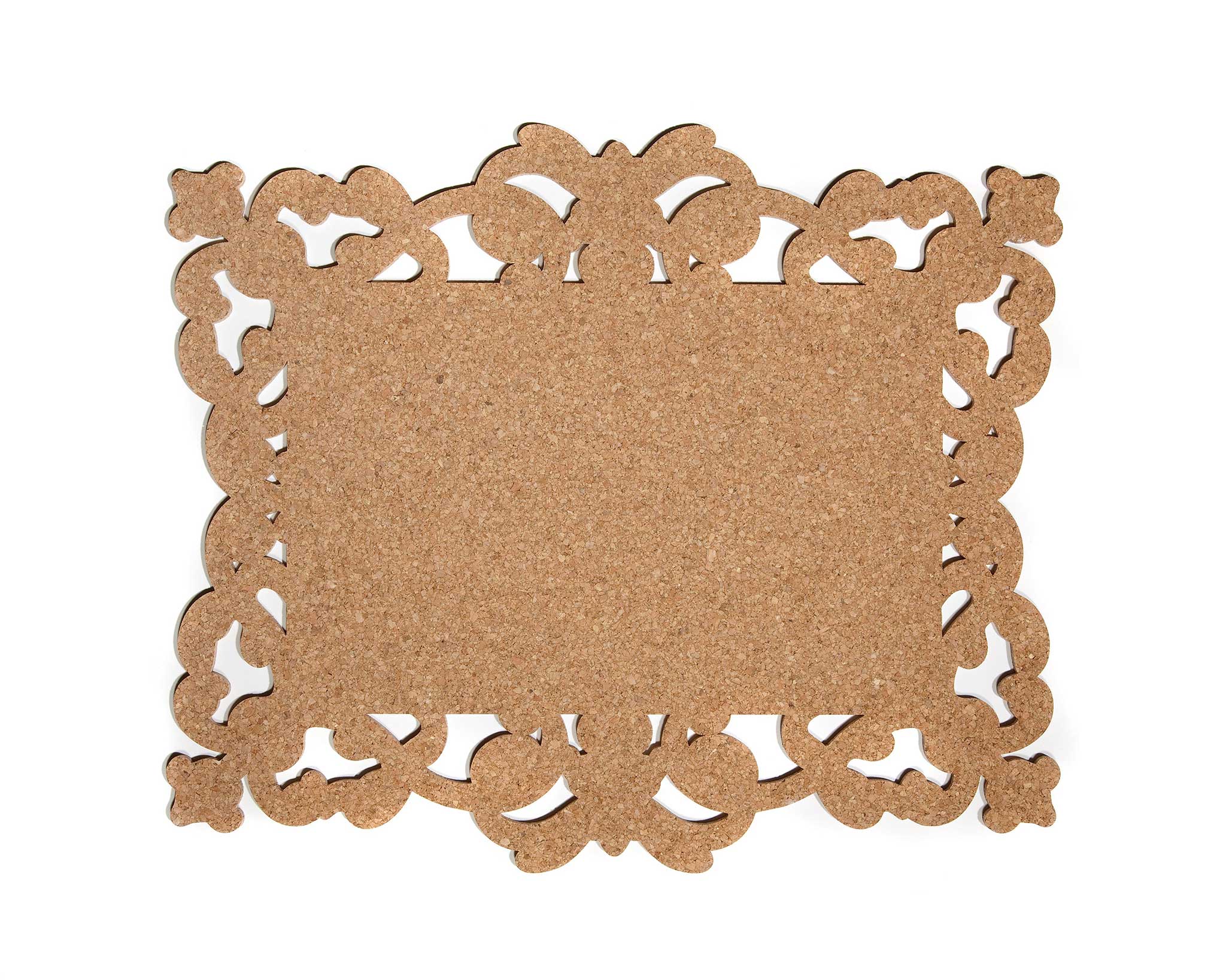Decorative cork board doily with intricate cut-out patterns on a white background