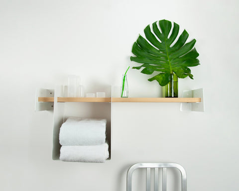 modular shelf with metal cubbies
