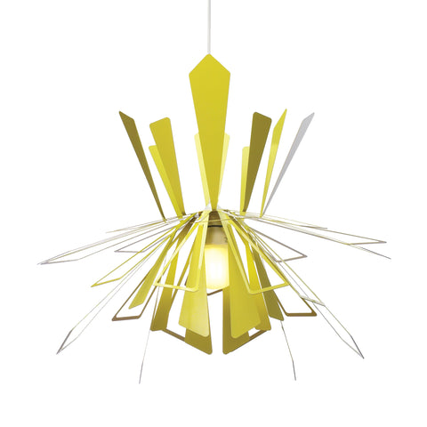 Chartreuse Bendant pendant lamp starburst over white.