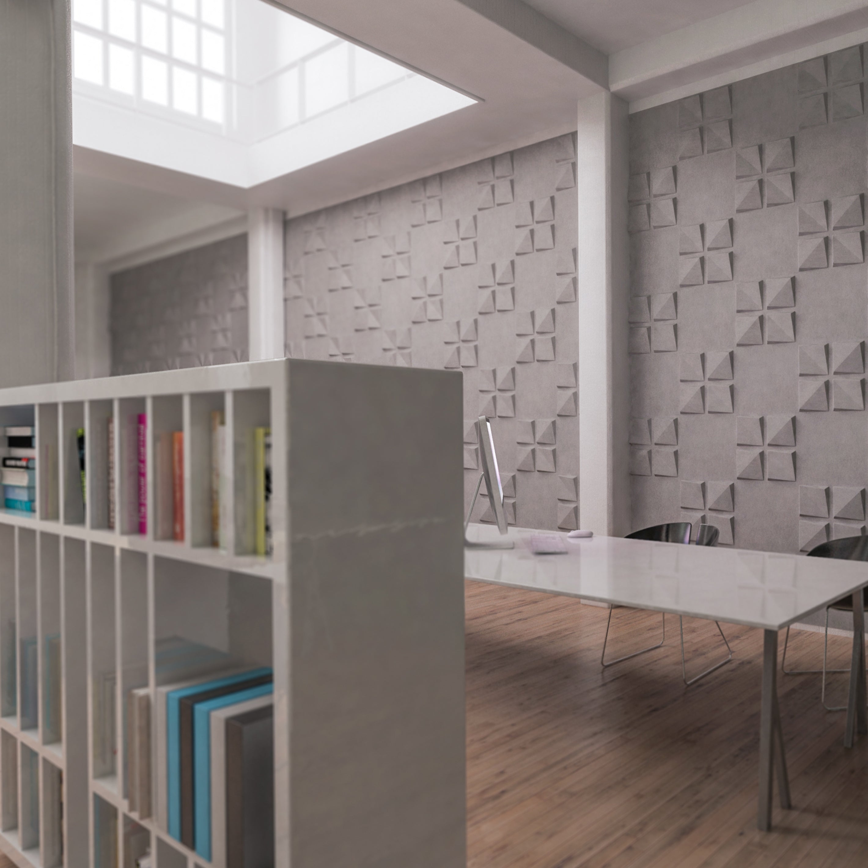 Edge FeltForms acoustic wall tile installation in library walls mixed with Quad Tiles.