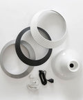 White ceiling light fixture with black and silver components on a white background