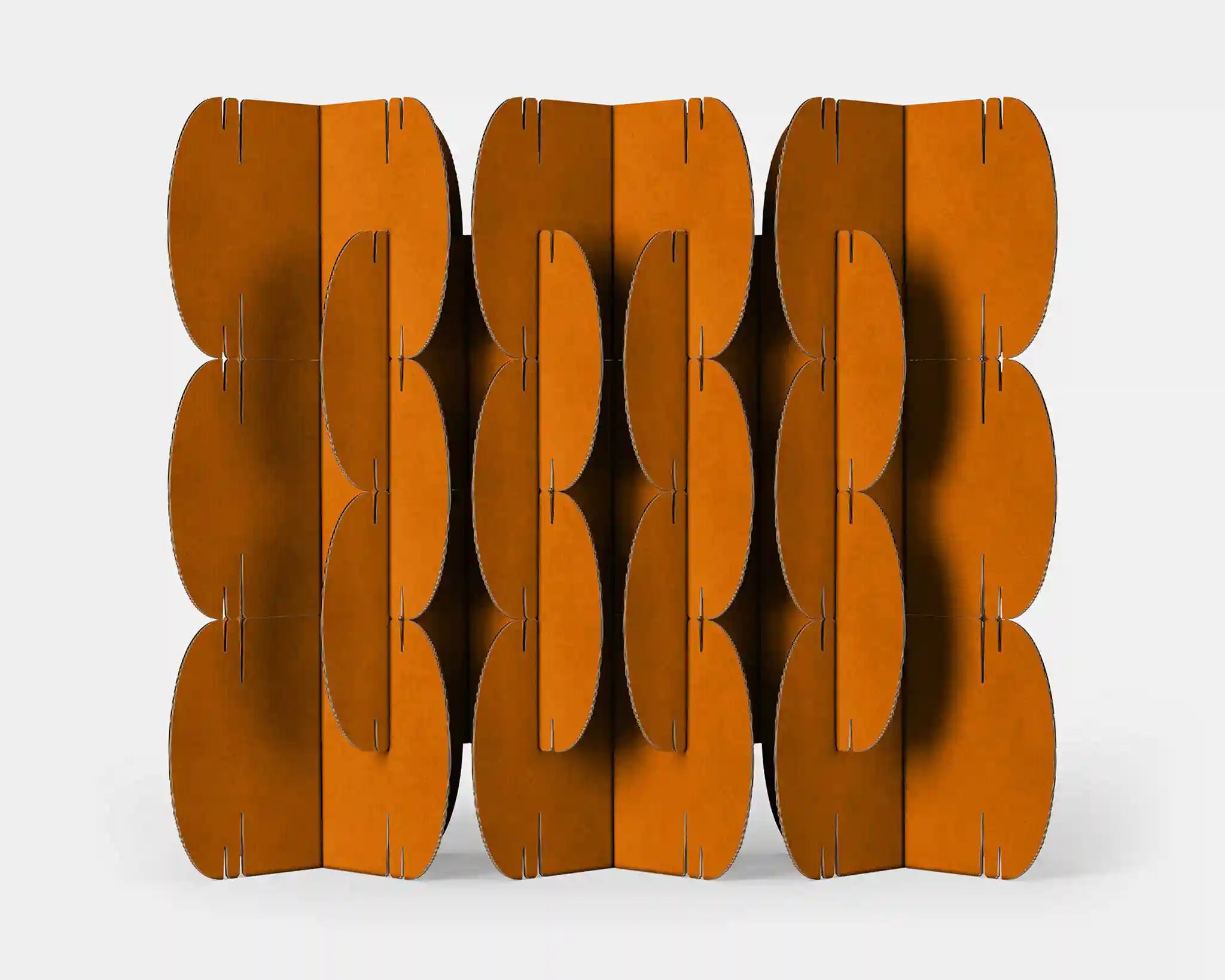 Mio Culture Nomad System modular room divider featuring 26 orange cardboard modules arranged in a geometric pattern