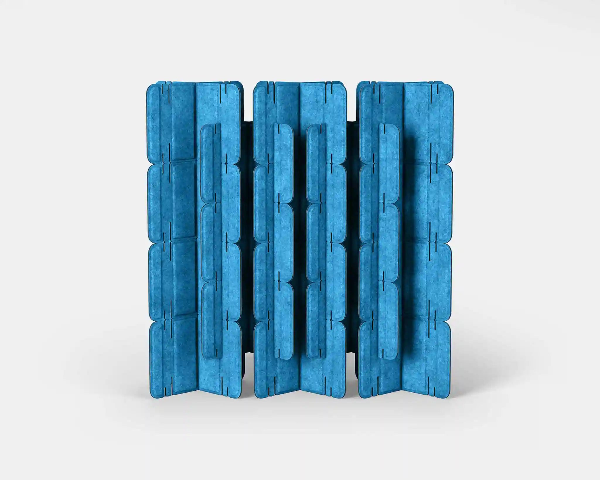 Nomad System Felt PRO Acoustic Room Divider with 20 modules in closed configuration in tropical wave blue color for complete privacy
