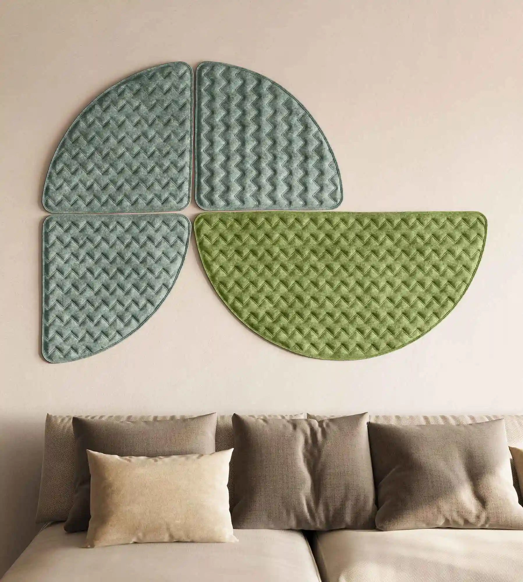 quiltforms quilted half and quarter circle wall art over a sofa