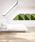 Modern bedroom with green acoustic panels on the wall