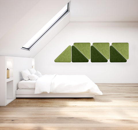 Modern bedroom with green acoustic panels on the wall
