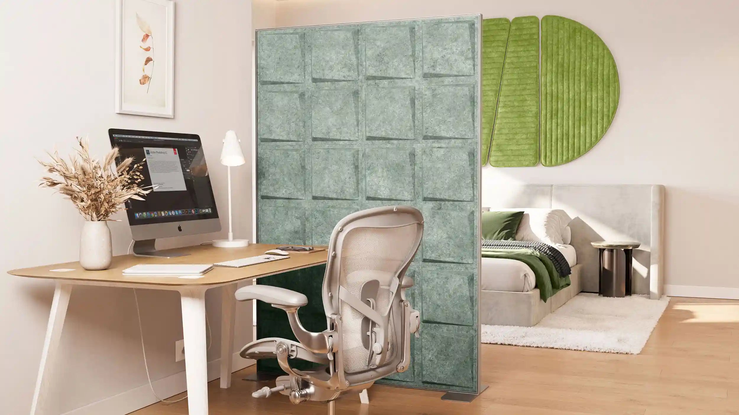bedroom with room divider and green acoustic wall art