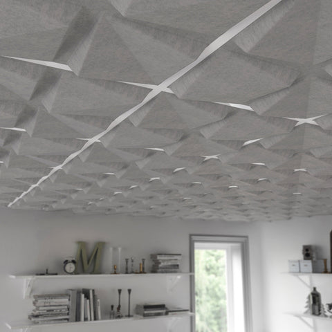 Quad FeltForms 2' x 2' Acoustic ceiling tiles in mottled white detail in the living room.