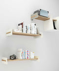 storage and display shelves with books and camera